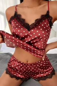 Pijama dama, sexy, set 2 piese, maieu si pantalon scurt, rosu cu buline mici albe - Img 4