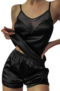 Pijama sexy dama, set 2 piese, top cu detaliu transparent la decolteu si pantaloni scurti, model confortabil elegant, negru