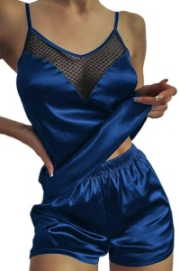 Pijama sexy dama, set 2 piese, top cu detaliu transparent la decolteu si pantaloni scurti, model confortabil elegant, albastru inchis - Img 3