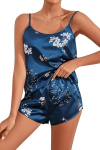 Pijama sexy dama, set 2 piese, top senzual bretele reglabile si pantaloni scurti, model casual dream flowers, albastra - Img 4