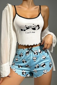 Pijama sexy dama, set 2 piese, top si pantaloni scurti, tematica I can’t sleep, model lazy panda, albastra - Img 3