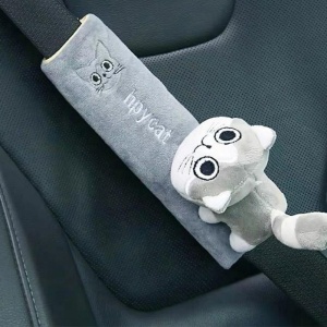 Protectie pentru centura de siguranta auto, pentru copii, model lumea animalelor, din material textil, prindere cu scai velcro, pisica, gri - Img 2