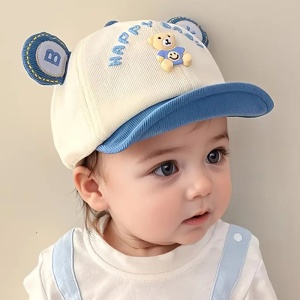 Sapca pentru copii, cozoroc curbat, accesorizata cu urechiuse, model simpatic si vesel, tematica happy baby, 6 luni – 2 ani, albastra - Img 4