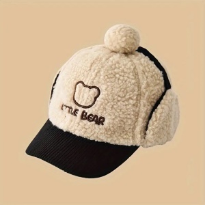 Sapca pentru copii, model cu pom pom, prindere reglabila cu scai in doua moduri, urechiuse amuzante, tematica little bear, 2 - 6 ani, neagra - Img 2