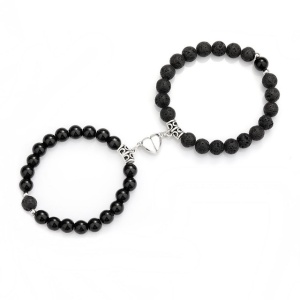 Set 2 bratari cuplu cu magnet inima, roca semipretioasa, negre, unisex