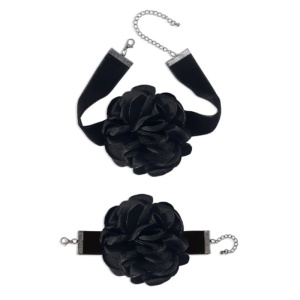 Set 2 piese, choker si bratara asortata, model cu floare eleganta, tematica fashion party, negru