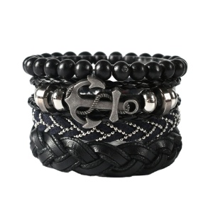 Set 4 bratari cu pandantiv ancora, model sea life, reglabile, tematica fashion style, unisex, negru,