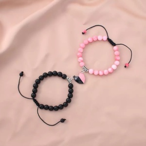 Set bratari cuplu cu inimioara magnet din roca semipretioasa, reglabile, unisex, neagra si roz, 2 buc - Img 2