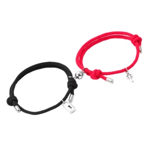 Set bratari cuplu cu magnet, lacat si cheita, tip sfoara, rosu cu negru