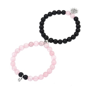 Set bratari cuplu cu magnet, roca semipretioasa, pandantive soare si luna, unisex, neagra si roz