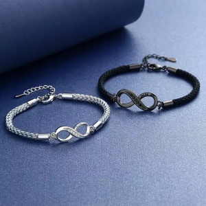 Set bratari cuplu, reglabile, accesoriu semnul infinutului, unisex, neagra si argintie - Img 2