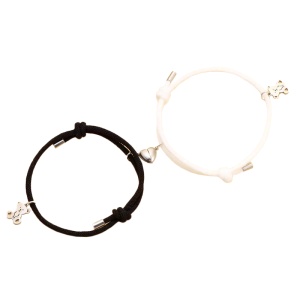 Set bratari tip sfoara, inima cu magnet, pandantiv ursuleti argintii, reglabile, unisex, neagra si alba