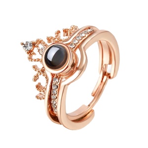 Set doua inele dama, model regal cu text te iubesc in 100 limbi, tematica royal couple, reglabile, rose gold