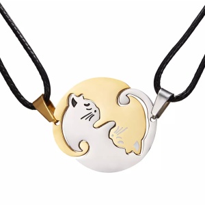 Set lant cuplu, 2 buc, tip sfoara, pandantive pisici, reglabile, unisex, argintie si aurie