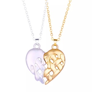 Set lant cuplu cu pandantiv inimioara magnet, model melting heart, argintiu si auriu