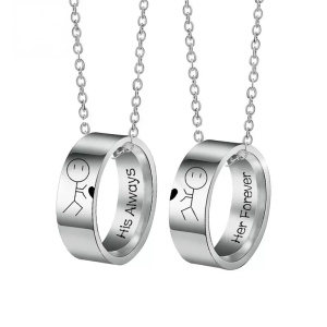 Set lant cuplu cu pandantive inele cu omuleti indragostiti, model always and forever, unisex, argintiu