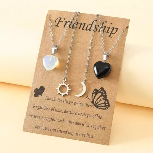 Set lant cuplu, pandantive inimioare, model friendship soare si luna, reglabile, unisex, argintii - Img 3