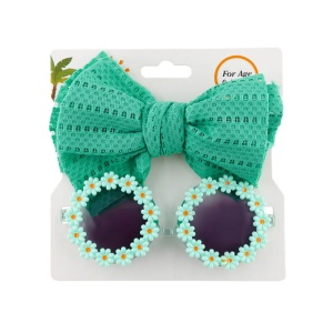 Set ochelari de soare pentru fetite cu funda supradimendionata pentru par, model floricele vesele, marime universala, verde