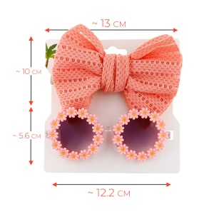 Set ochelari de soare pentru fetite cu funda supradimendionata pentru par, model floricele vesele, marime universala, corai - Img 4