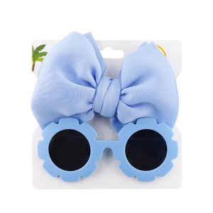 Set ochelari de soare pentru fetite, model rotund tip floare, accesorizat cu funda supradimensionata asortata, tematica fancy summer, marime universala, albastru - Img 2