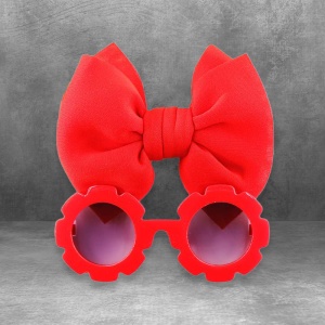 Set ochelari de soare pentru fetite, model rotund tip floare, accesorizat cu funda supradimensionata asortata, tematica fancy summer, marime universala, rosu - Img 3