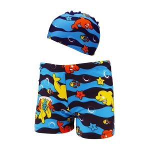 Set pantaloni de baie pentru baieti cu casca asortata, tematica lumea acvatica, model under the sea cu pestisori si stelute de mare, albastru cu galben