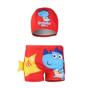 Set pantaloni de baie pentru baieti cu casca asortata, tematica lumea animalelor vesele, model dino vesel, rosu