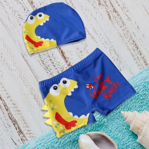 Set pantaloni de baie pentru baieti cu casca asortata, tematica lumea dinozaurilor acvatici, model dino pofticios I’m very hungry, albastru cu galben - Img 2