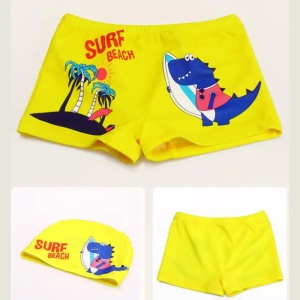 Set pantaloni de baie pentru baieti cu casca asortata, tematica petrecere pe plaja, model dino surf beach, galbeni - Img 3