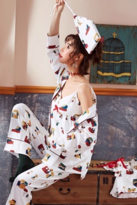 Set pijama 4 in 1, haine de stat in casa, 7 piese, bumbac, camasa, maieu, pantalon lung si chilot tip pantalon scurt, alba - Img 4