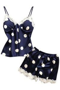 Set pijama, haine de stat in casa sexy, 2 piese, satin cu dantela, maieu si pantalon scurt albastru inchis cu buline albe