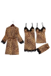 Set pijama sexy, 4 piese, satin si dantela, Maro, imprimeu animal print, 6XL