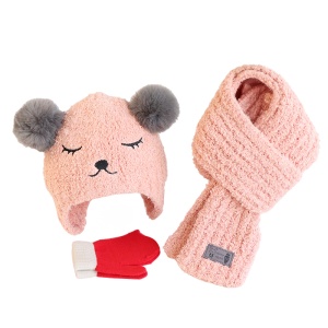Set trei piese, caciula pentru copii, model pom pom cu ochisori si nasuc, fular moale si manusi calduroase, tematica ready for snow, 1 – 4 ani, roz