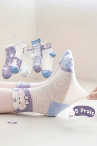 Sosete copii, set 5 perechi, model cu iepurasi si fundite, detalii cute, tematica bunny world– 2 ani, alb cu mov - Img 3