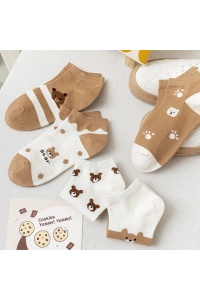 Sosete dama, set de 5 perechi, model pana la glezna cu ursuleti, tematica little happy bear, marimea 36 – 42, maro cu alb - Img 3