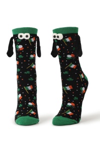 Sosete haioase, model vesel accesorizat cu manute cu magnet si ochisori, imprimeu norocos trifoi cu patru foi, tematica let's be friends, unisex, marime 36-42, verde inchis
