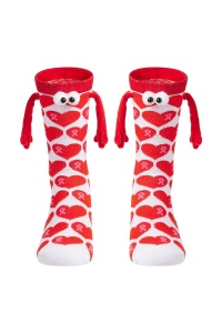 Sosete haioase, model vesel accesorizat cu manute cu magnet si ochisori, imprimeu cu inimioare, tematica crazy couple love, unisex, marime 36-42, rosii - Img 4