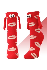 Sosete haioase, model vesel accesorizat cu manute cu magnet si ochisori, imprimeu buze senzuale, tematica let's be friends, unisex, marime 36-42, rosii - Img 3