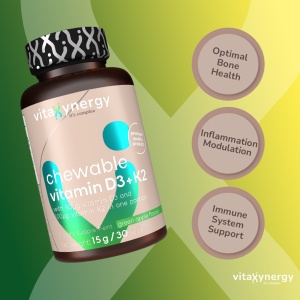 VITAXYNERGY CHEWABLE VITAMIN D3 + K2 30 tabs pentru sanatatea oaselor si sistemului cardiovascular, Aprobat de Ministerul Sanatatii, Certificat FDA, GMP, Halal - Img 4