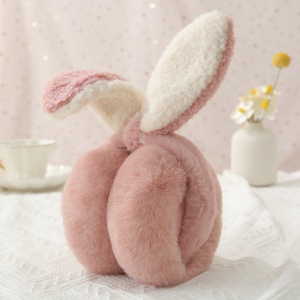 Acoperitori pentru urechi, protectie impotriva frigului, model casti pufoase cu urechi lungi de iepuras, pliabile, tematica happy bunny, marime universala, roz inchis - Img 4