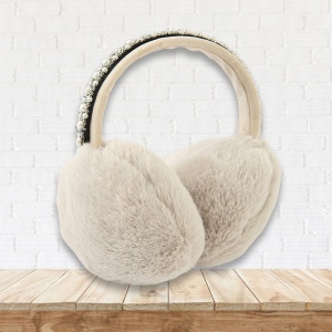 Acoperitori pentru urechi, protectie impotriva frigului, model casti dama rotunde, accesorizate cu margelute, tematica royal fashion, marime universala, maro deschis - Img 2