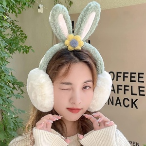 Acoperitori pentru urechi, protectie impotriva frigului, model casti dama cu urechiuse de iepuras si fundita, tematica flower bunny, marime universala, verzi - Img 2