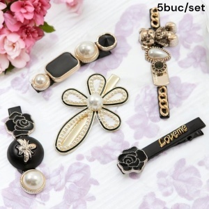 Agrafe de par, set 5 bucati, model elegant cu accesorii pretioase si delicate, tematica fancy lady, negru cu alb - Img 3