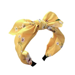 Bentita pentru par cu fundita tinereasca, galbena cu imprimeu floral, marime standard