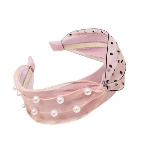 Bentita pentru par cu nod, model delicat si pretios, imprimeu cu buline si accesorii perlute, marime universala, roz