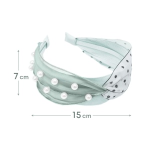 Bentita pentru par cu nod, model delicat si pretios, imprimeu cu buline si accesorii perlute, marime universala, verde - Img 3