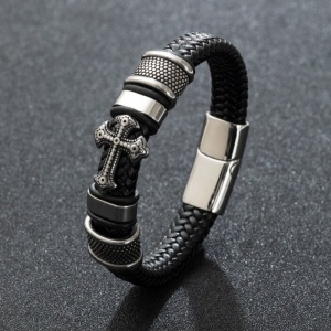 Bratara barbati, accesoriu cruce si detalii metalice, dimensiune fixa, argintie, - Img 2