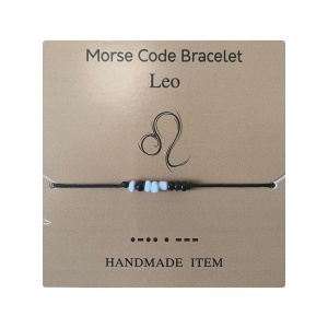 Bratara cu cod morse zodiac leu, argintiu, creata manual, neagra, , unisex