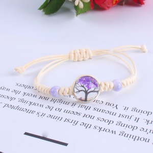 Bratara cu pandantiv rotund copacul vietii, snur crem, accesorii mov, reglabila - Img 2