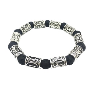 Bratara cu rune vikinge, model Viking mythology, cu roca vulcanica, elastica, unisex, neagra,